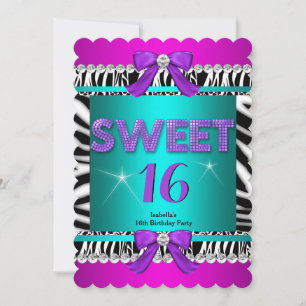 Sweet 16 Zebra Pink Aquamariner Lila Bow Fun Party Einladung