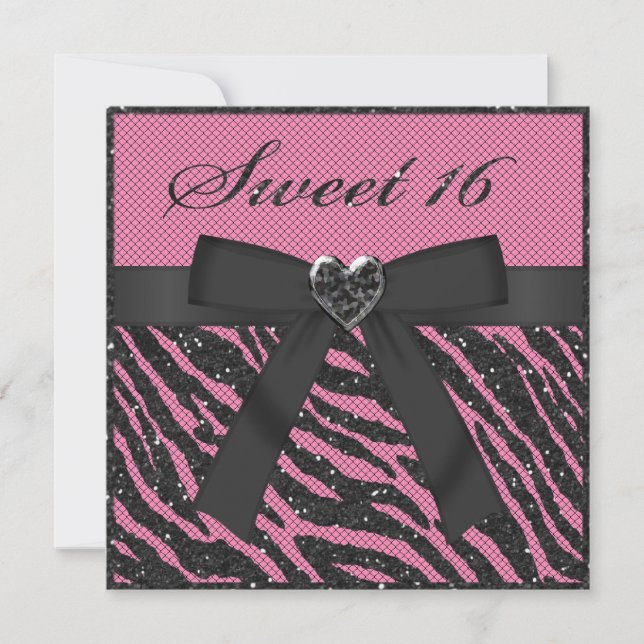 Sweet 16 Zebra Stripe Glitzer, Jewel & Bow Einladung (Vorderseite)