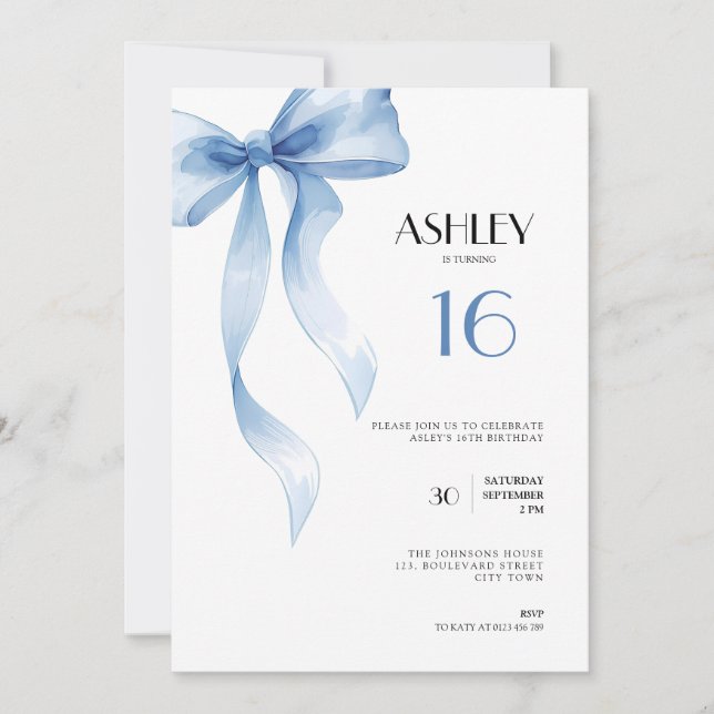 Sweet 16th Birthday Invitation Blue Bow for Girls Einladung (Vorderseite)