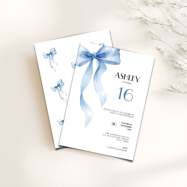 Sweet 16th Birthday Invitation Blue Bow for Girls Einladung (Blue bow coquette 16th birthday invitation for girls)