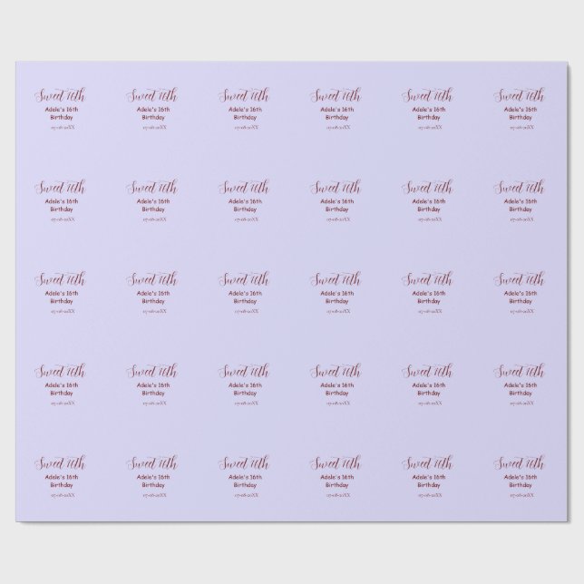 Sweet 16th birthday purple pastel mauve retro name geschenkpapier (Flach)