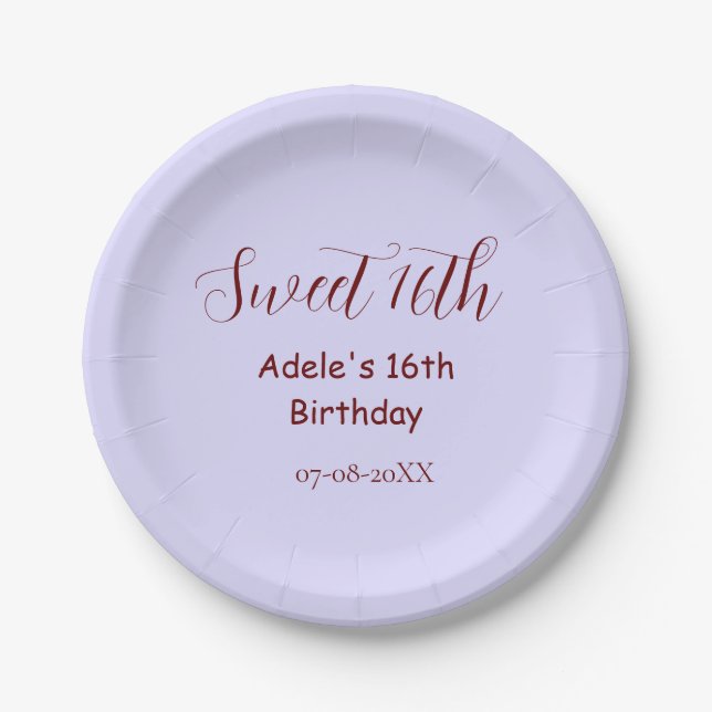 Sweet 16th birthday purple pastel mauve retro name pappteller (Vorderseite)