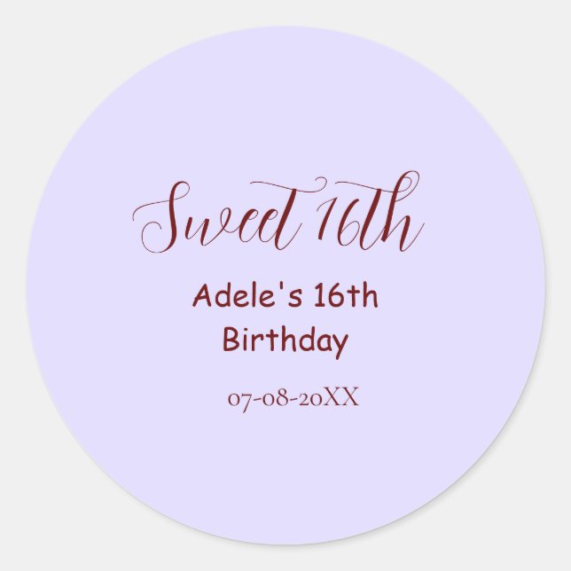 Sweet 16th birthday purple pastel mauve retro name runder aufkleber (Vorderseite)