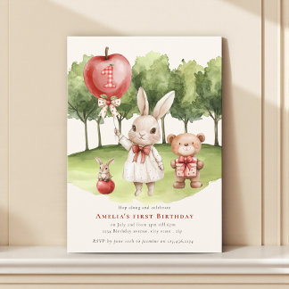 Sweet 1st Bunny Apple Birthday Invitation Einladung