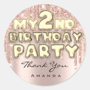 Sweet 2. Geburtstag Party Glitzer Tropfen Rose Runder Aufkleber