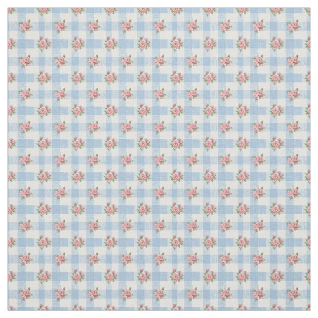 Sweet 50s Retro Rosebud Blue Gingham Check Stoff (Muster)