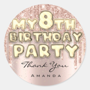 Sweet 8. Geburtstagsparty Glitzer Tropfen Rose Runder Aufkleber