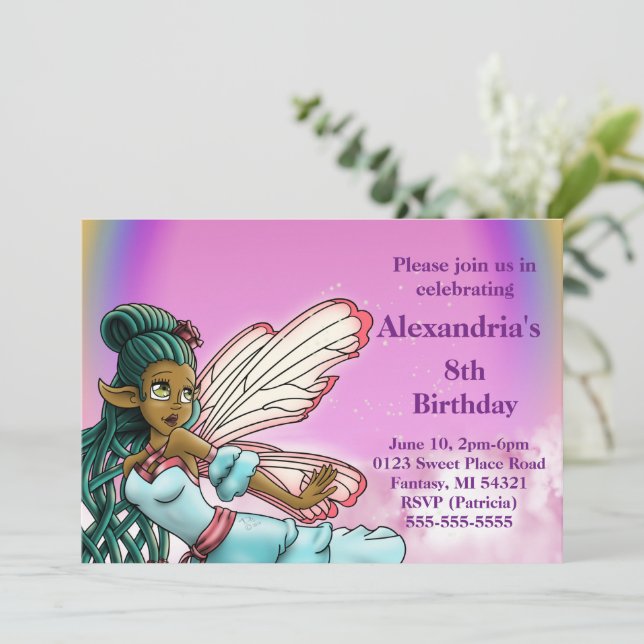 Sweet African American Fairy Birthday Party Einladung (Stehend Vorderseite)