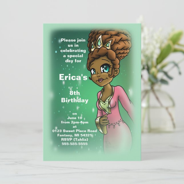 Sweet African American Princess Birthday Party Einladung (Stehend Vorderseite)