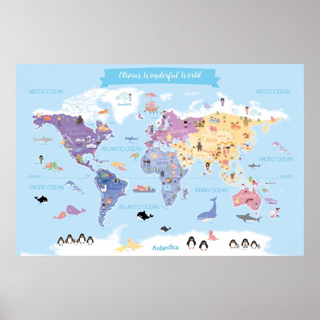 Sweet and Lovely Kids World Map mit Illustrationen Poster (Vorne)