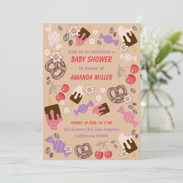 Sweet and Salty Baby Dusche Leckereien Beige Muste Einladung (Stehend Vorderseite)