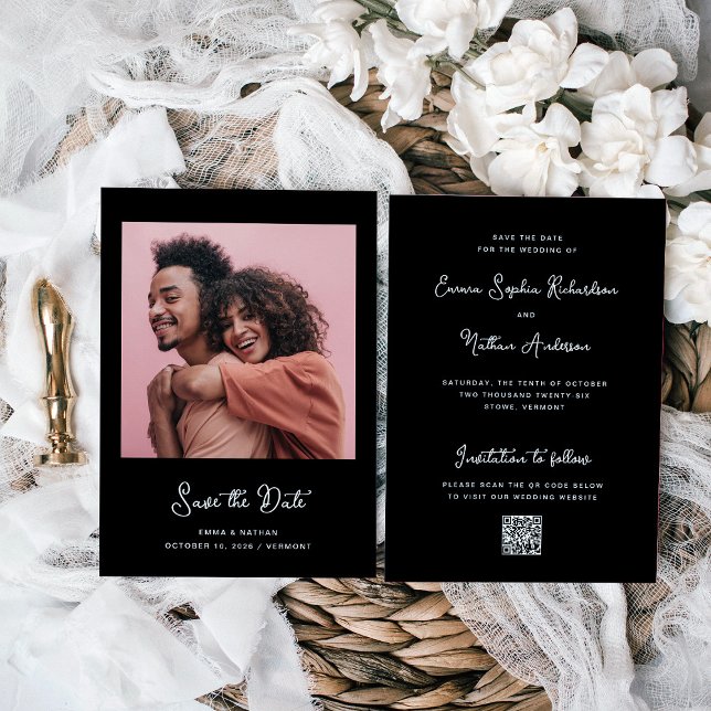 Sweet and Whimsical Black | Foto- und QR-Code Save The Date (A stylish black save the date card with your photo, white vintage script, and a scannable QR code.)