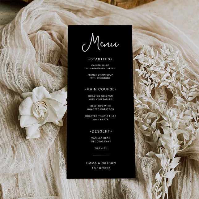 Sweet and Whimsical Black | Hochzeit Menükarte (A sweet and whimsical, dark black wedding menu)