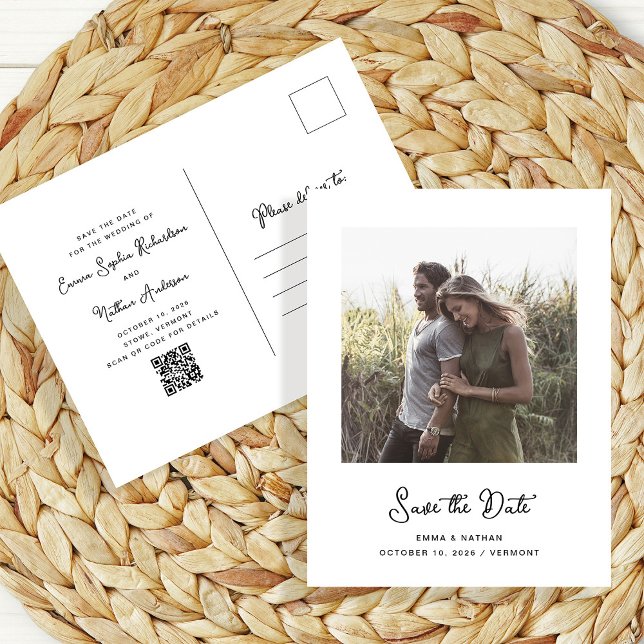 Sweet and Whimsical Foto | QR-Code Datum speichern Ankündigungspostkarte (A sweet and whimsical wedding save the date postcard, with your photo and a scannable QR code)