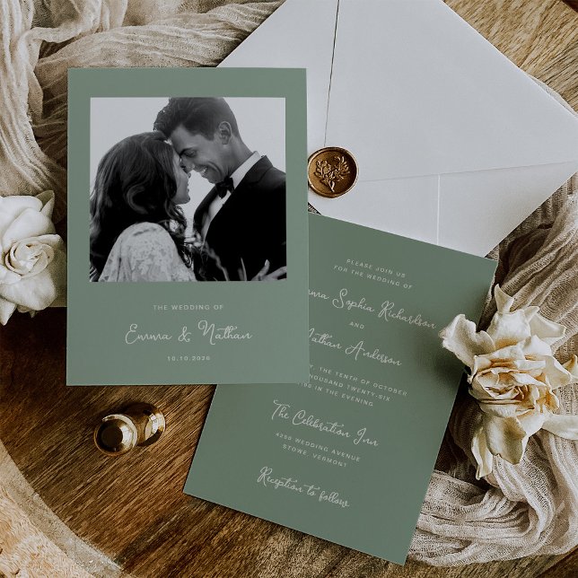 Sweet and Whimsical Sage Green | Hochzeit von Foto Einladung (An elegant sage green wedding invitation with your photo)