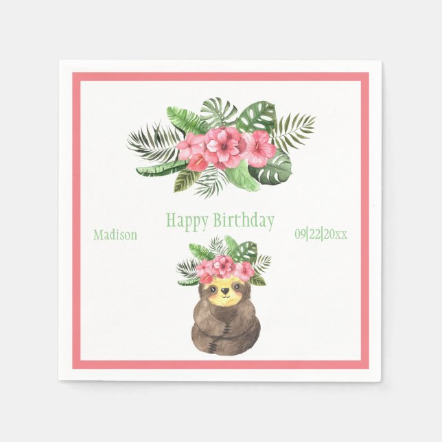 Sweet Animal Sloth Floral Pink Name Girly Birthday Serviette (Vorderseite)
