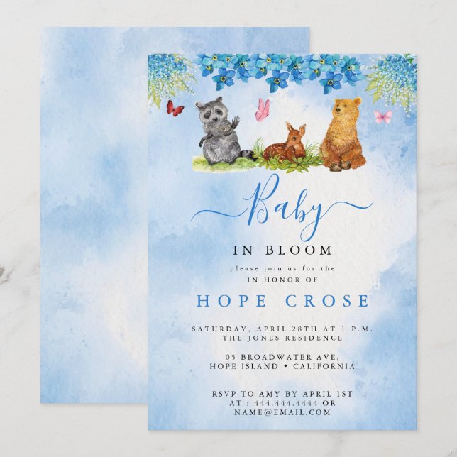 Sweet Animals Girl Baby in Bloom Baby Shower Einladung (Vorne/Hinten)