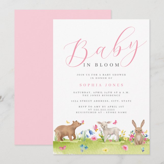 Sweet Animals Girl Baby in Bloom Baby Shower Einladung (Vorne/Hinten)