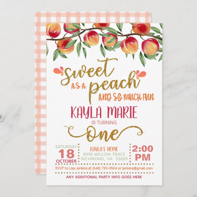 Sweet as a Peach 1st Birthday Einladung - W GG (Vorne/Hinten)