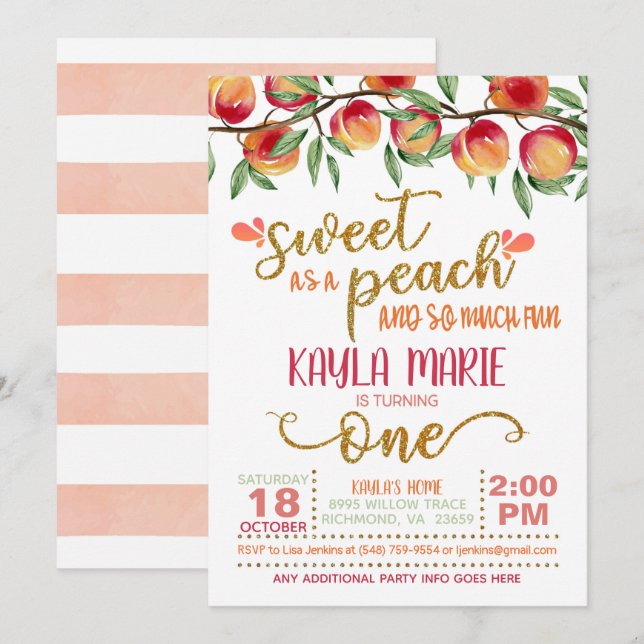 Sweet as a Peach 1st Birthday Invitation - W ST Einladung (Vorne/Hinten)