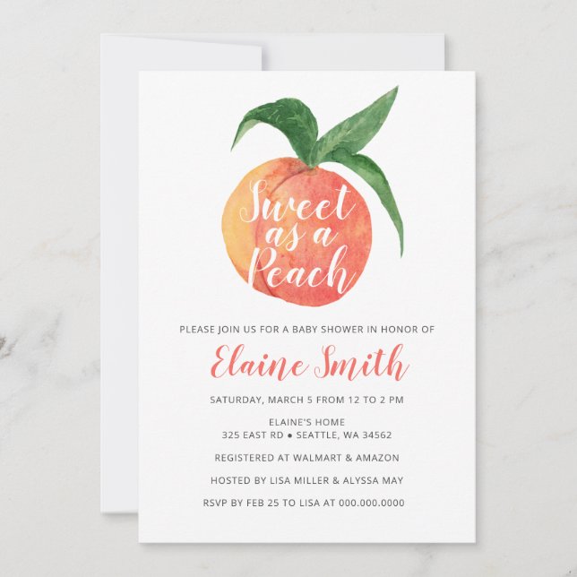 Sweet as a Peach Gender Neutral Baby Shower Einladung (Vorderseite)