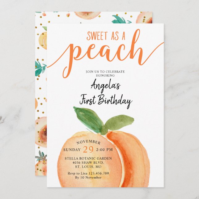 Sweet as a Peach Girl First Birthday Einladung (Vorne/Hinten)