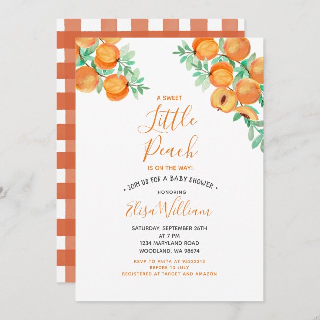 Sweet as a Peach ist auf dem Weg Babydusche Einladung (Vorne/Hinten)