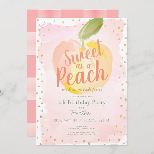 Sweet as a Peach Pink Girl Birthday Einladung (Vorne/Hinten)