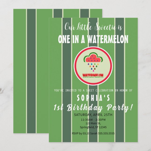 Sweet as a Watermelon - First Birthday Invitation Einladung (Vorne/Hinten)