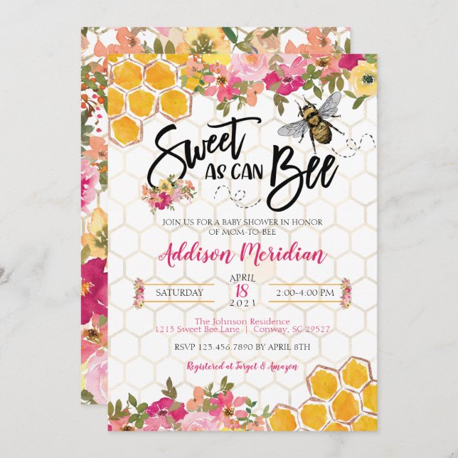 Sweet as can Bee Baby Girl Shower Einladung (Vorne/Hinten)