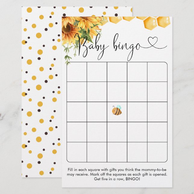 Sweet as Can Bee Baby Shower Bingo Spiel (Vorne/Hinten)