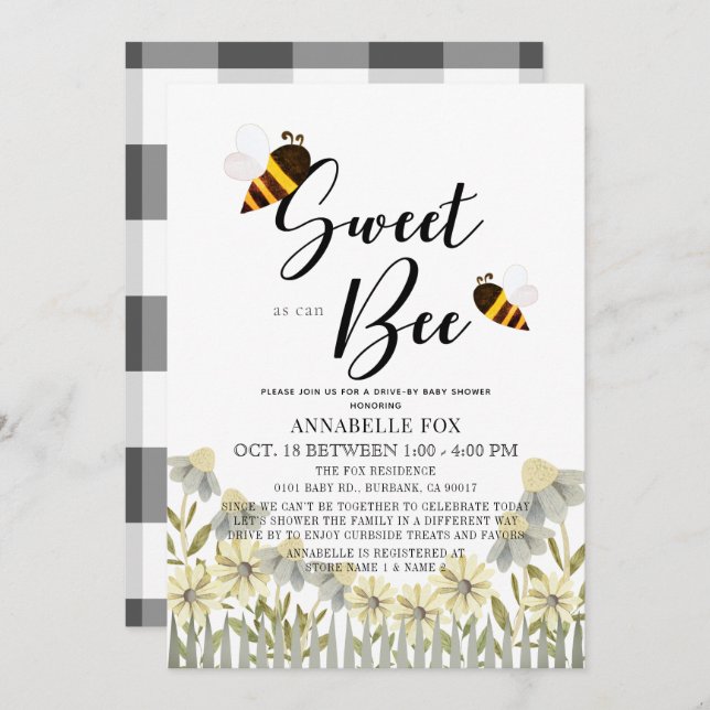 Sweet as can Bee Drive by Baby Shower Einladung (Vorne/Hinten)