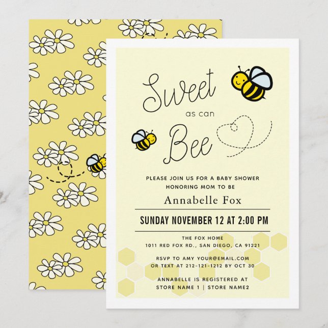 Sweet as can Bee Light Yellow Baby Shower Einladung (Vorne/Hinten)