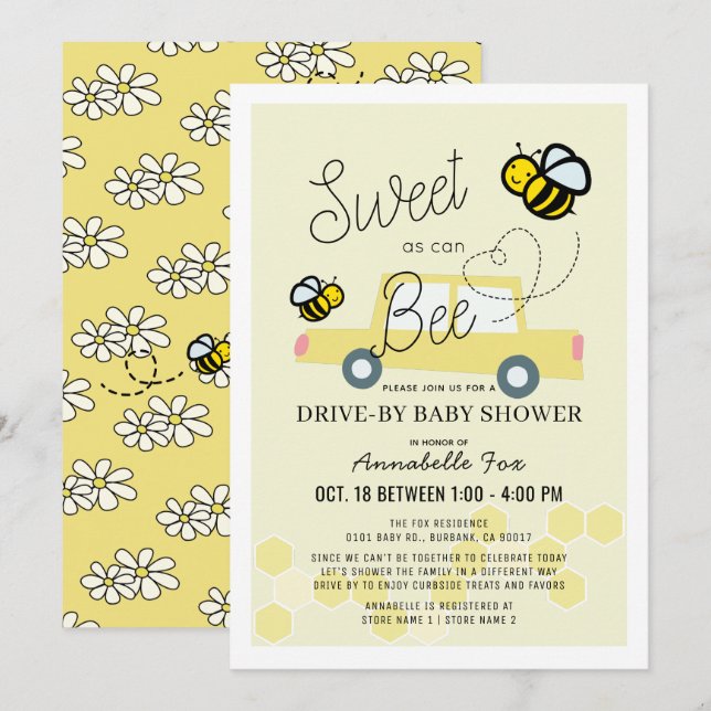 Sweet as can Bee Light Yellow Drive-by Baby Shower Einladung (Vorne/Hinten)