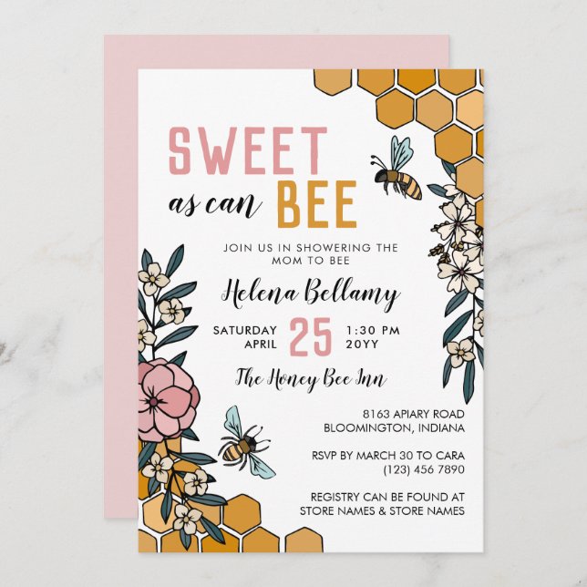 Sweet as can Bee Pink Floral Honey Baby Shower Einladung (Vorne/Hinten)