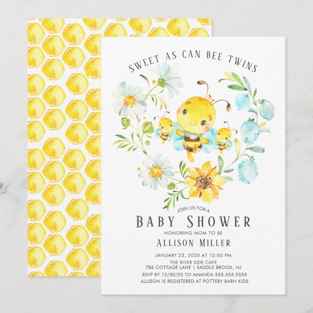 Sweet as Can Bee Twins Baby Dusche Einladung (Vorne/Hinten)