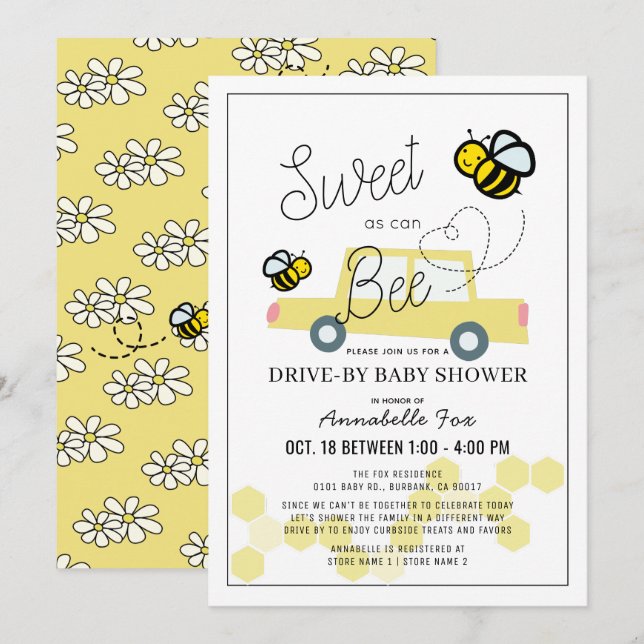 Sweet as can Bee White Drive by Baby Shower Einladung (Vorne/Hinten)