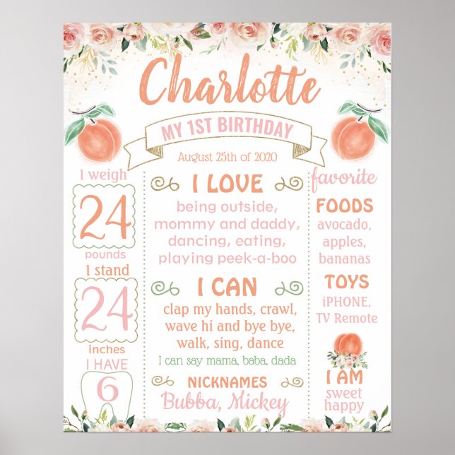 Sweet as peach Erster Geburtstag Meilenstein Zeich Poster (Vorne)