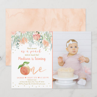 Sweet as Peach Floral Gold ersten Geburtstag Einladung