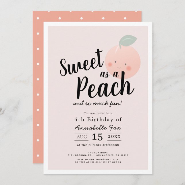 Sweet as Peach Niedlich Kawaii Girl Birthday Einladung (Vorne/Hinten)