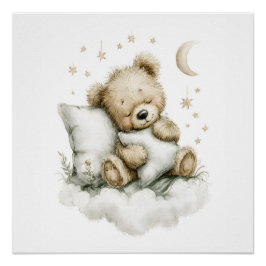Sweet baby bear fast asleep on fluffy clouds poster