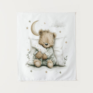 Sweet baby bear fast asleep on fluffy clouds wandteppich