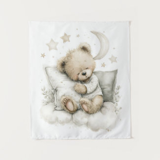 Sweet baby bear fast asleep on fluffy clouds wandteppich