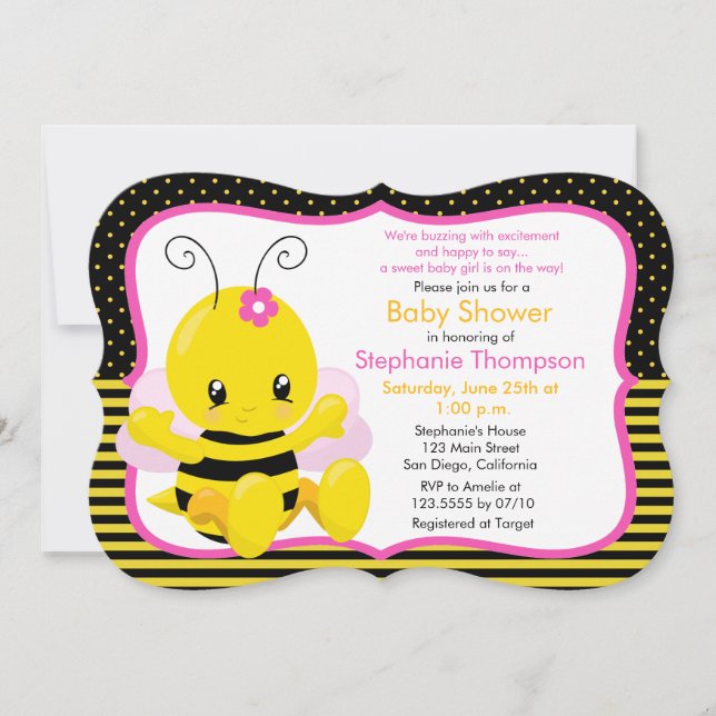 Sweet Baby Bee Girl Babydusche Einladung (Vorderseite)