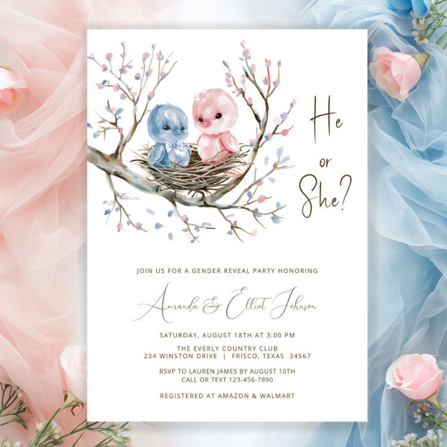 Sweet Baby Birds Gender Reveal Party Einladung (Sweet baby birds in a nest on a pretty pink and blue flower tree branch gender reveal invitation. )