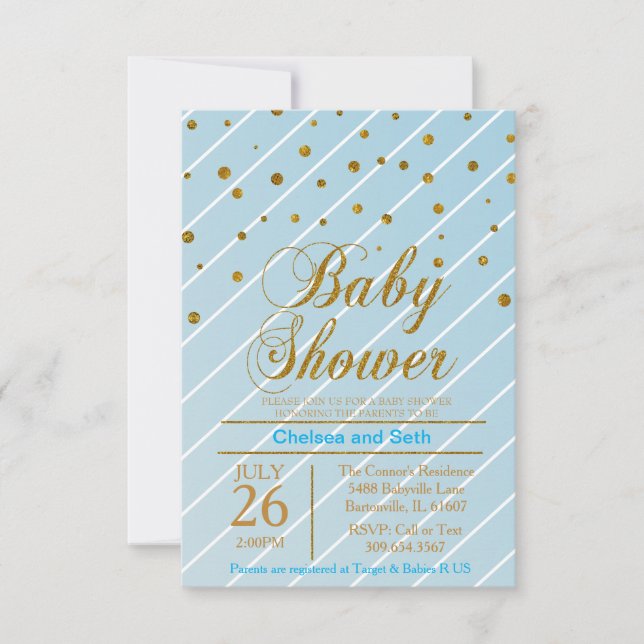 Sweet Baby Blue & Gold Confetti | Babydusche Einladung (Vorderseite)
