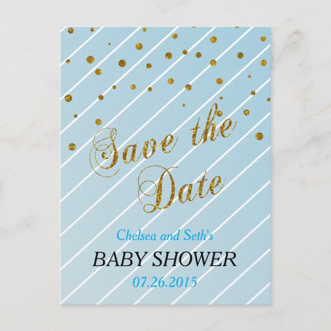 Sweet Baby Blue und Gold Confetti - Save the Date Ankündigungspostkarte (Vorderseite)