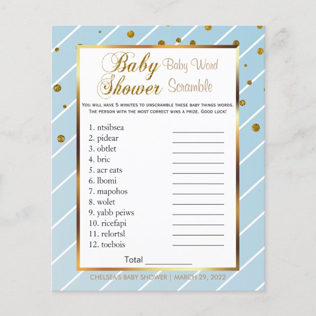 Sweet Baby Blue und Gold Confetti - Word Scramble Flyer (Vorne)