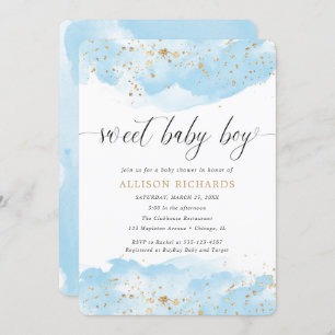 Sweet Baby Boy Aquarell Blue Gold Dusche Einladung