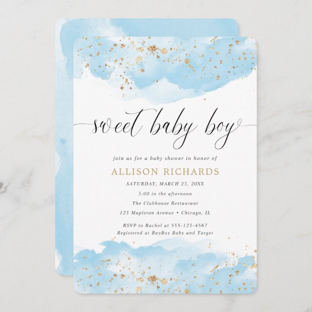 Sweet Baby Boy Aquarellblau Golddusche Einladung (Vorne/Hinten)
